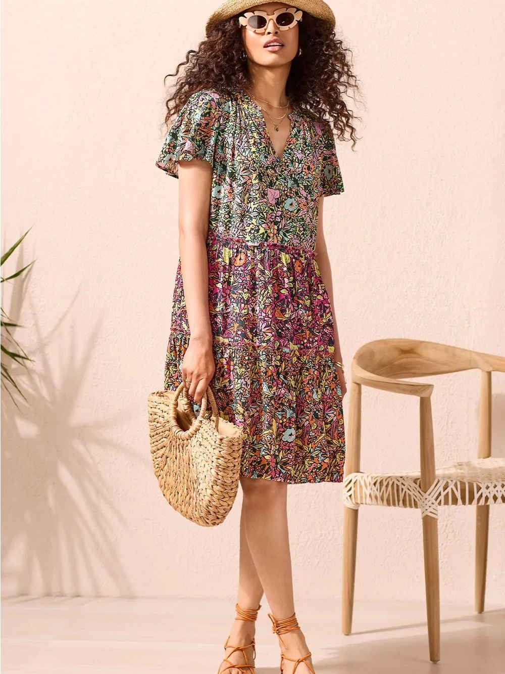 Tribal femme Floral mini dress tiered skirt and flutter sleeves abstract floral.
